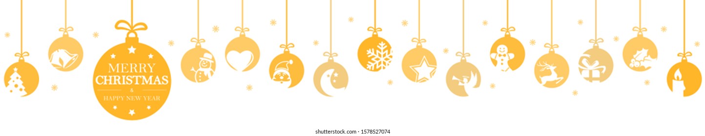 hanging baubles colored yellow with different abstract icons for christmas and winter time concepts, snow flakes and greetings for christmas and New Year