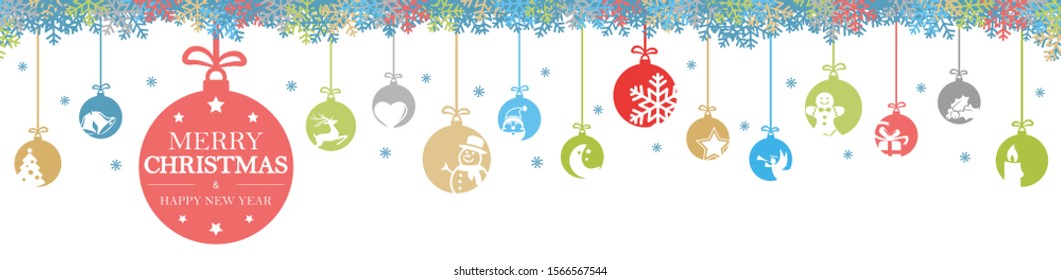 hanging baubles with different colors with abstract icons for christmas and winter time concepts, snow flakes on top side and greetings for christmas and New Year