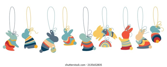 Hanging baubles rabbits with an ornament. Bunny christmas balls. Water rabbit symbol of the year 2023. Silhouette with a texture on a white background. Vector illustration