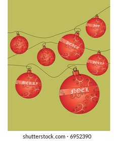 hanging baubles with  words  - joy peace noel jolly   - coil pattern on balls