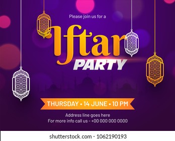 Hanging Beautiful Lanterns On Purple Background. Iftar Party Celebration Poster, Banner Or Flyer Design. 