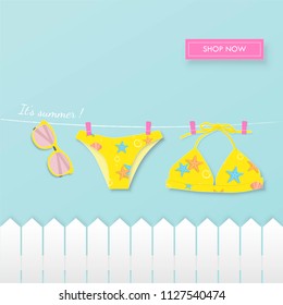 Hanging bikini with sunglasses summer paper art vector background.