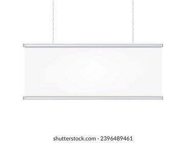 Hanging billboard vector mock-up. Blank white ceiling banner display sign realistic mockup. Template for design