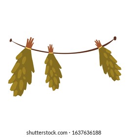 Hanging birch brooms for traditional russian banya or finland sauna. Vector cartoon illustration of bunches of medical herbs for alternative therapy isolated on white background