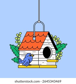 Hanging birdhouse with a red roof, surrounded by green leaves and a small blue bird perched on the edge cartoon illustration for nature, garden, or spring-themed designs