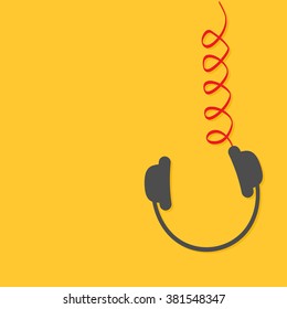 Hanging black headphones with red spring cord. Music card. Flat design. Yellow background. Vector illustration