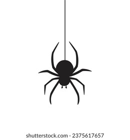 Hanging black spider for halloween. Spider silhouette icon on white background. Vector Illustration