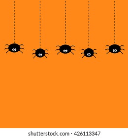 Hanging black spiders on dash line web. Cute cartoon baby character set. Flat material design. Orange background. Vector illustration