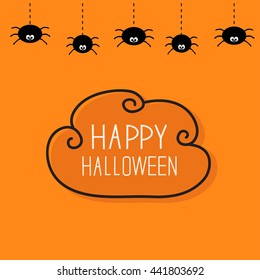 Hanging black spiders on dash line web. Contour cloud frame. Happy Halloween card. Cute cartoon baby character set. Flat material design. Orange background. Vector illustration
