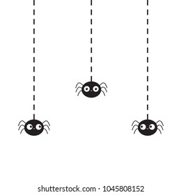 Hanging black spiders silhouette on dash line web. Three funny insect set. Cute cartoon baby character. Happy Halloween. Flat material design. White background. Isolated. Vector illustration