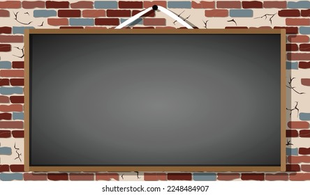 Hanging blackboard vector on cracked brick wall background. chalkboard for copy space. blank blackboard illustration vector. copy space mockup template display