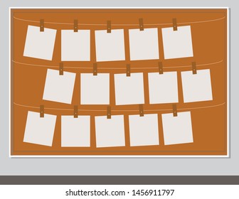 hanging blank frame or sticky notes on a cork board vector illustration
