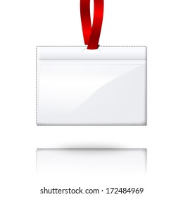 Hanging blank vector realistic horizontal badge holder with bright red light lace. Isolated on white background with reflection for design and branding. Vector