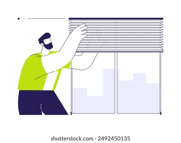 Hanging blinds abstract concept vector illustration. Repairman setting a hanging blinds on window in a bedroom, private house building, professional handyman, interior works abstract metaphor.