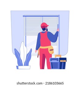 Hanging blinds isolated concept vector illustration. Repairman setting a hanging blinds on window in a bedroom, private house building, professional handyman, interior works vector concept.