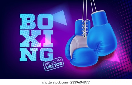 Hanging Blue boxing gloves. Realistic red double fist vector boxer for punch training 3d vector