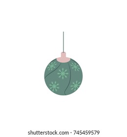 Hanging blue Christmas ball decorated with silver snowflakes, Xmas icon, decoration element, cartoon vector illustration on white background. Christmas ball, Xmas tree decoration, icon