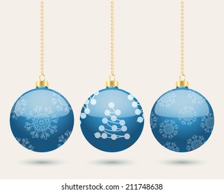 Hanging blue Christmas baubles background with three balls in a row with the centre one decorated with a Christmas tree of connected dots on grey with copyspace for your seasonal message, vector