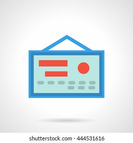 Hanging blue document with red elements and stamp, certificate. Permission for professional activity, guarantee quality of medical services. Flat color style vector icon. 