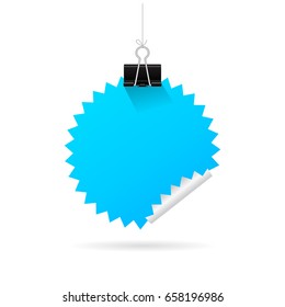 Hanging blue note paper vector illustration isolated on white background. Abstract flat web design element for website, app or infographics materials.