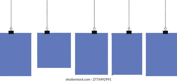 Hanging blue paper sheets with binder clips, blank square posters on string, creative mood board, office note cards, art gallery display mockup.