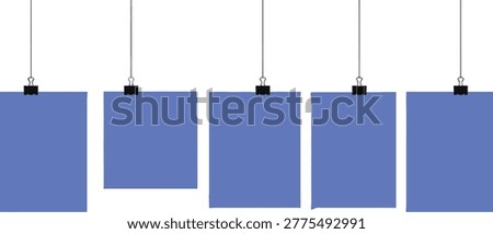 Hanging blue paper sheets with binder clips, blank square posters on string, creative mood board, office note cards, art gallery display mockup.