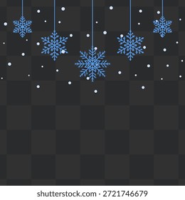Hanging Blue Snowflakes and Falling Snow Winter Decoration. Stylish winter layout featuring light blue snowflakes hanging over a dark checkered background. Suitable for holiday labels, tags, and minimalist seasonal sale ads.