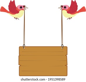 Hanging board Birds holding wooden board isolated on white abckground