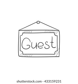 Hanging board with word guest vector sketch icon isolated on background. Hand drawn Hanging board with word guest icon. Hanging board with word guest sketch icon for infographic, website or app.