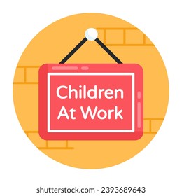 Cartel colgante escrito con niños en el trabajo, icono circular plano aislado en fondo colorido