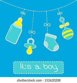 Hanging  bottle, pacifier, rattle and sock. Baby boy shower card. Vector illustration. 