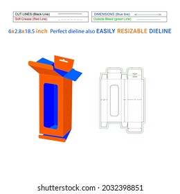 Hanging bottom snap lock mobile charger box, 6x2.8x18.5 inch box dieline packaging design and 3D box