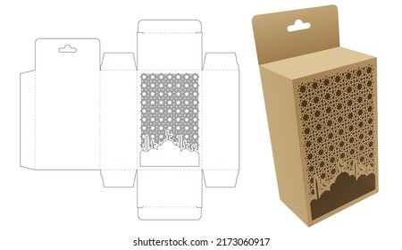 Hanging box with Arabic pattern window die cut template and 3D mockup
