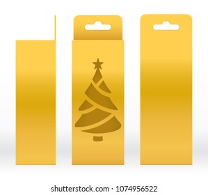 Hanging Box Gold window Christmas tree shape cut out Packaging Template blank. Luxury Empty Box Golden Template for design product package gift box, Gold Box packaging paper kraft cardboard package