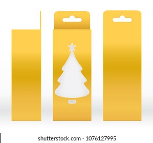 Hanging Box Gold window Christmas tree shape cut out Packaging Template blank. Luxury Empty Box Golden Template for design product package gift box, Gold Box packaging paper kraft cardboard package
