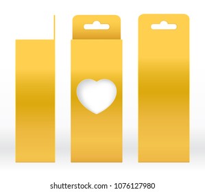 Hanging Box Gold window heart shaped cut out Packaging Template blank. Luxury Empty Box Golden yellow Template design product package gift box, Gold Box packaging paper kraft cardboard package(Vector)