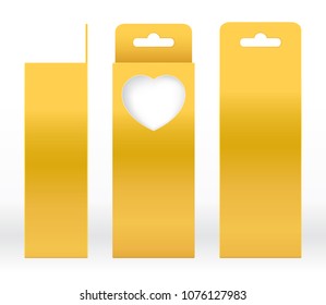 Hanging Box Gold window heart shaped cut out Packaging Template blank. Luxury Empty Box Golden yellow Template design product package gift box, Gold Box packaging paper kraft cardboard package(Vector)