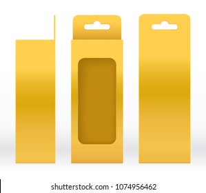Hanging Box Gold window shape cut out Packaging Template blank. Luxury Empty Box Golden Template for design product package gift box, Gold Box packaging paper kraft cardboard package (Vector)