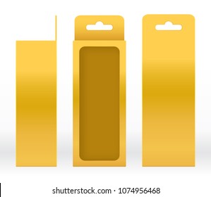 Hanging Box Gold window shape cut out Packaging Template blank. Luxury Empty Box Golden Template for design product package gift box, Gold Box packaging paper kraft cardboard package (Vector)