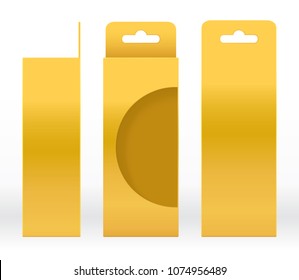 Hanging Box Gold window shape cut out Packaging Template blank. Luxury Empty Box Golden Template for design product package gift box, Gold Box packaging paper kraft cardboard package (Vector)