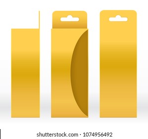 Hanging Box Gold window shape cut out Packaging Template blank. Luxury Empty Box Golden Template for design product package gift box, Gold Box packaging paper kraft cardboard package (Vector)