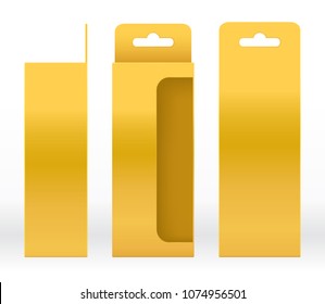 Hanging Box Gold window shape cut out Packaging Template blank. Luxury Empty Box Golden Template for design product package gift box, Gold Box packaging paper kraft cardboard package (Vector)