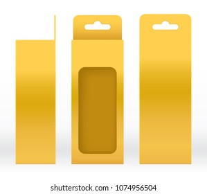 Hanging Box Gold window shape cut out Packaging Template blank. Luxury Empty Box Golden Template for design product package gift box, Gold Box packaging paper kraft cardboard package (Vector)