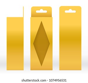 Hanging Box Gold window shape cut out Packaging Template blank. Luxury Empty Box Golden Template for design product package gift box, Gold Box packaging paper kraft cardboard package (Vector)