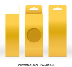Hanging Box Gold window shape cut out Packaging Template blank. Luxury Empty Box Golden Template for design product package gift box, Gold Box packaging paper kraft cardboard package (Vector)