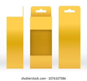 Hanging Box Gold window shape cut out Packaging Template blank. Luxury Empty Box Golden Template for design product package gift box, Gold Box packaging paper kraft cardboard package (Vector)