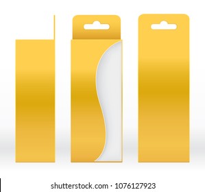 Hanging Box Gold window shape cut out Packaging Template blank. Luxury Empty Box Golden yellow Template design product package gift box, Yellow Gold Box packaging paper kraft cardboard package(Vector)