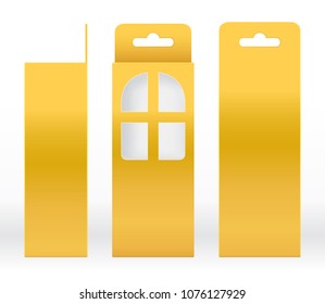 Hanging Box Gold window shape cut out Packaging Template blank. Luxury Empty Box Golden yellow Template design product package gift box, Yellow Gold Box packaging paper kraft cardboard package(Vector)