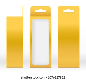 Hanging Box Gold window shape cut out Packaging Template blank. Luxury Empty Box Golden yellow Template design product package gift box, Yellow Gold Box packaging paper kraft cardboard package(Vector)