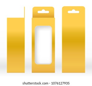Hanging Box Gold window shape cut out Packaging Template blank. Luxury Empty Box Golden yellow Template design product package gift box, Yellow Gold Box packaging paper kraft cardboard package(Vector)